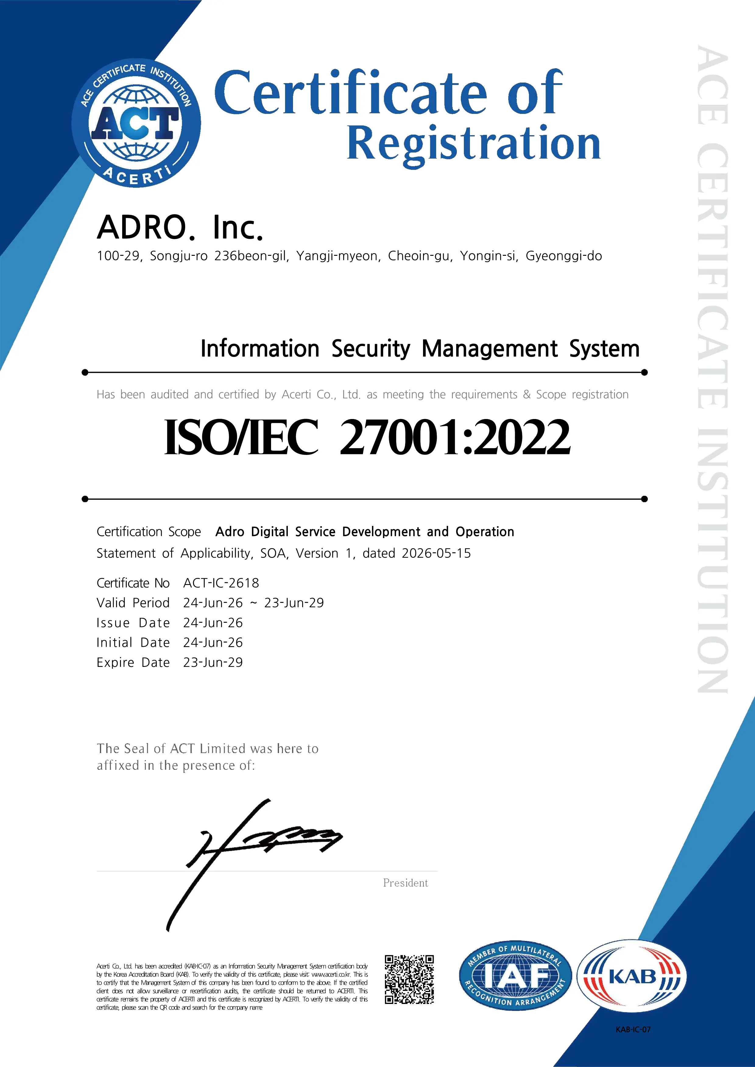 ADRO ISO IEC 27001:2022 certificate