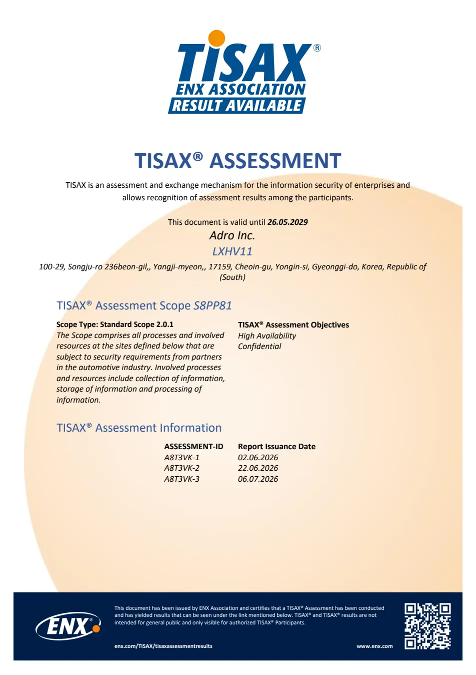 ADRO TISAX assessment scope S8PP81 document